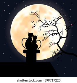 Vector illustrations ,Two cats on the roof Looking at the moon