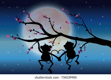 Vector illustrations ,Two monkeys on the tree looking the moon.