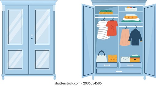 Vector illustrations with two wardrobes - an open one with well organised, tidy clothes inside and closed one.