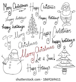 Ilustraciones vectoriales y tipografía. Conjunto de elementos de diseño de temporada. Dibujos festivos de línea y mensajes hechos a mano. Letras y símbolos navideños o felices. 