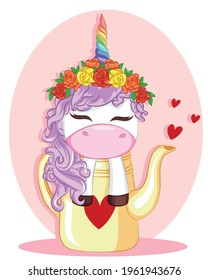 vector illustrations, unicorn with roses flowers in teapot, for design of leaflets and greetings, isolate on a white background