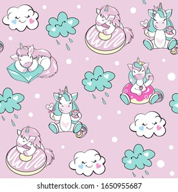 Vector illustrations with unicorns and clouds in kawaii style on a pink background seamless pattern
