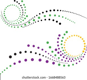 Vector Illustrations using green, black, yellow and purple dots patterned into exciting and attention-getting swirls and swashes. 