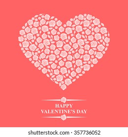 Vector illustrations of Valentines day card with hearts of white roses on pink background