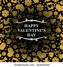 Vector illustrations of Valentines day card with gold valentines element on black background