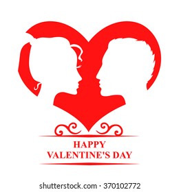 Vector illustrations of Valentines day card with heart with silhouettes of men and women in love