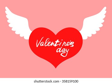 Vector illustrations of Valentines day color icon wings heart and hand drawing text