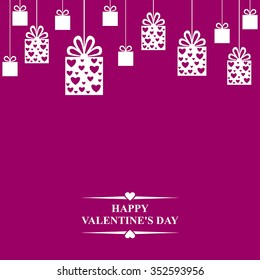 Vector illustrations of Valentines day greeting card with hanging gifts decorated hearts