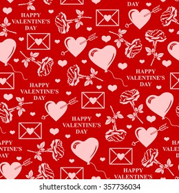 Vector illustrations of Valentines day pattern seamless with roses, balls, text and valentines element on red background