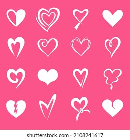 Ilustraciones vectoriales de los corazones de San Valentín de diferentes formas fijadas en el fondo rosado