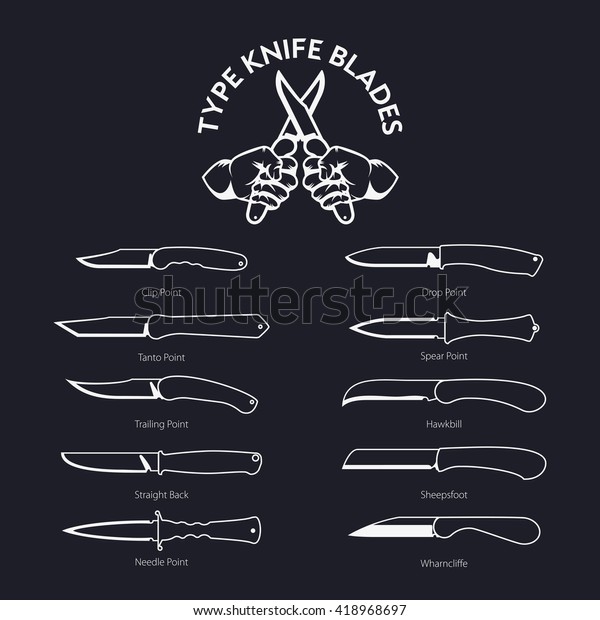 Vector  Illustrations variants type knife
blades. Icon for web design, instructions and illustrations. A
simple illustration of hand folding knife for everyday carrying,
stylized illustration