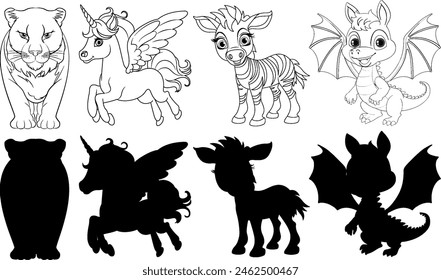 Vector illustrations of various animals and mythical creatures