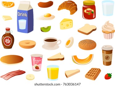 Vector illustrations of various breakfast items.