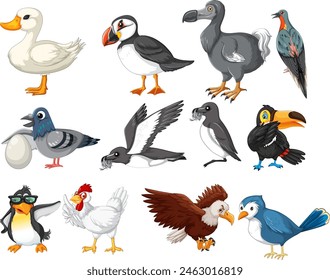 Vector illustrations of various cartoon birds