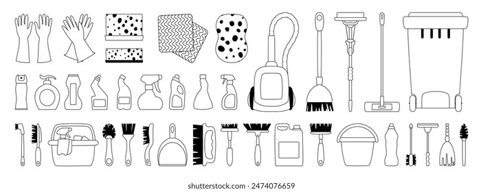 Vektorillustrationen verschiedener Reinigungsmittel und -werkzeuge, ideal für Hauswirtschaft, Hygiene und Hygiene.