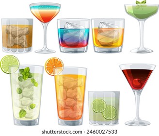 Vector illustrations of various cocktail glasses