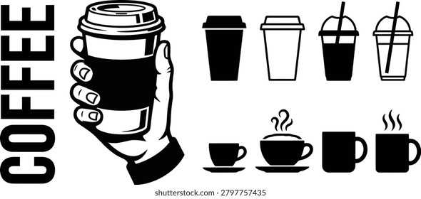 Vector illustrations of various coffee cups and beverages. Includes hand holding large cup, disposable cups, mugs with steam. Perfect for cafe logos, menus, food and drink icons, or advertising.