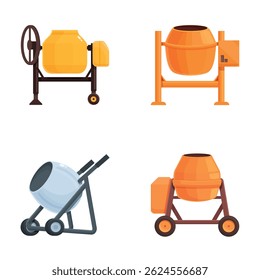 Vector illustrations of various concrete mixers in a colorful cartoon style, suitable for constructionthemed designs