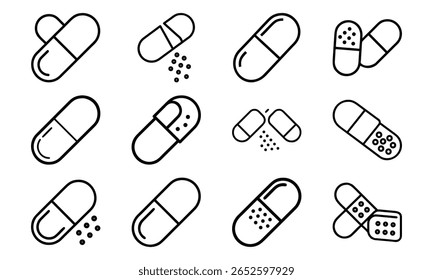 Ilustrações vetoriais de vários medicamentos de pílula de cápsula detalhada em estilo de contorno preto