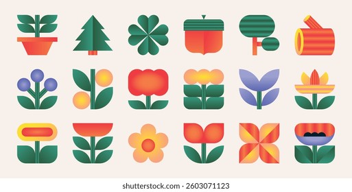 Vector illustrations of various flowers and plants. Set of floral icons. Geometric botanical collection.