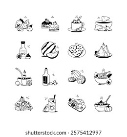 Vector illustrations of various foods and drinks, perfect for menus, recipe books, and food blogs