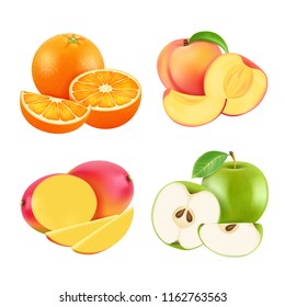 Vector illustrations of various fresh fruits. Realistic vector pictures. Fruit vitamin food, juicy and healthy sweet