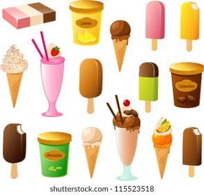 Vector illustrations of various frozen treats isolated on white.