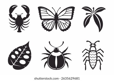 Vector illustrations of various insects leaves and a lobster in a minimalist black and white style