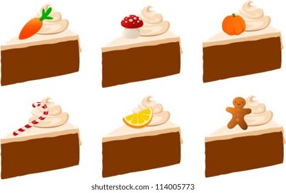 Vector illustrations of various pieces of cake isolated on white.