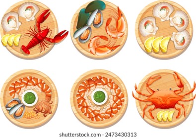 Vector illustrations of various seafood dishes