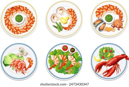 Vector illustrations of various seafood dishes