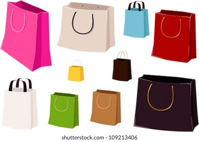 Vector illustrations of various shopping bags without brand names on them.