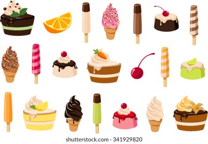 Vector illustrations of various sweets, cakes and ice creams.