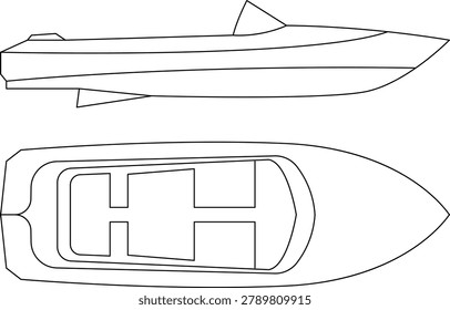 Vector illustrations of various types and kinds of boats, motorboats, and speedboats. Silhouette icons of various boats in a simple line style collection. Top and side views.