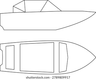 Vector illustrations of various types and kinds of boats, motorboats, and speedboats. Silhouette icons of various boats in a simple line style collection. Top and side views.