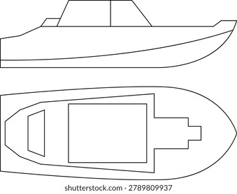 Vector illustrations of various types and kinds of boats, motorboats, and speedboats. Silhouette icons of various boats in a simple line style collection. Top and side views.