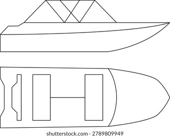 Vector illustrations of various types and kinds of boats, motorboats, and speedboats. Silhouette icons of various boats in a simple line style collection. Top and side views.