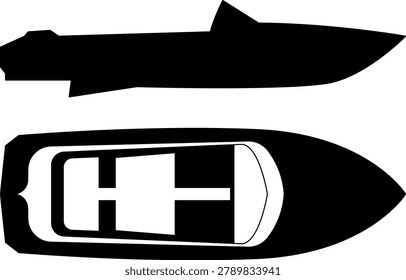 Vector illustrations of various types and kinds of boats, motorboats, ships and speedboats. Silhouette icons set of various boats in a simple style. Top and side views collection.