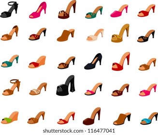 Vector illustrations of various women's shoes isolated on white.