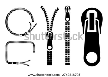 Vector illustrations of various zipper types, including open, closed, curved, and rectangular designs, suitable for fashion or industrial projects.