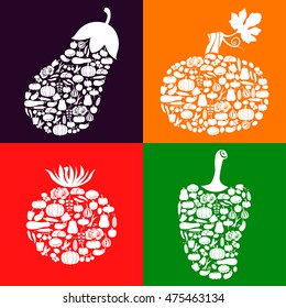 Vector illustrations of vegetables icon of vegetables set on color background. Squash, tomato, eggplant and pepper