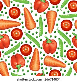 Vector illustrations of vegetables: peas, carrots, peppers, tomatoes pattern seamless