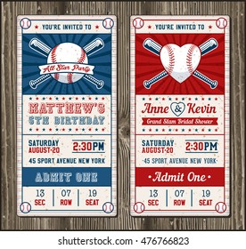 Vector illustrations for Vertical Invitation tickets for Baseball and softball themed events