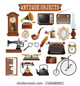 Vector illustrations of vintage and antique objects.