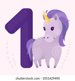 Vector illustrations with violet unicorn and number 1. Learn numbers. Prints, templates, design elements for greeting cards, invitation cards, postcards.