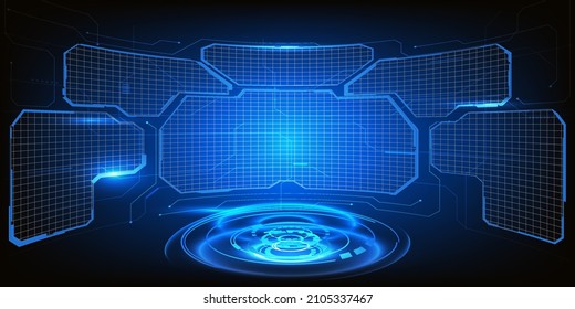 Vector illustrations of Virtual digital futuristic stage neon glowing dome.Future tech showroom for digital technology product.
