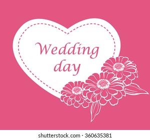 Vector illustrations of Wagging card in heard form zinnias decorated on pink background