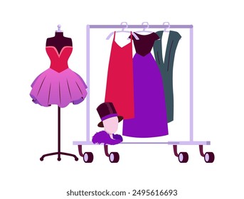 Vector illustrations of a wardrobe with fashionable stylish dresses and a mannequin with a head in a top hat and a scarf made of feathers on a white background