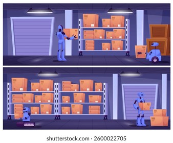 Vector illustrations of a warehouse facility where robots of different shapes are moving boxes to the shelf. Automation of technologies and efficient logistics management. Flat style.