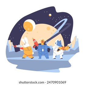 Vektorillustrationen von Kriegern einer Katze, einer Ente, eines Kaninchens in Helmen und mit Blastern auf einem Hintergrund von kosmischen Landschaften mit dem Bild von Planeten und Sternen